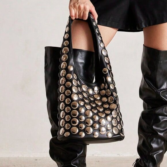 Black Punk Women's Bucket Bag with Metal Studs - Picture 5 of 5